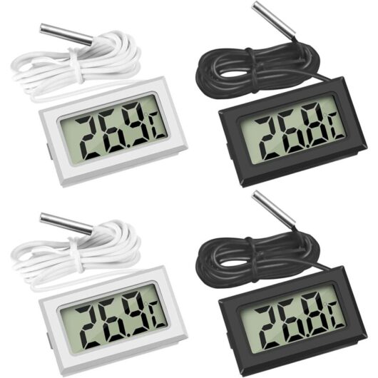 Aougo - Mini Digital lcd Temperature Thermometer with Temperature Probe Sensor Tester for Refrigerators, Freezers, Aquariums (2 x Black, 2 x White)