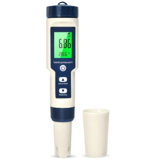 18×3.7×3.7cm)Ph Meter, 5 in 1 PH/TDS/EC/Salinity/Thermometer, lcd Display ph Tester, Automatic Temperature Compensation, Electronic Pool ph Tester,