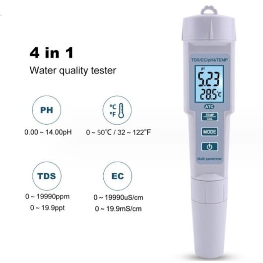 4-in-1 pH Meter, Water Quality Tester, Ph/EC/TDS/Temperature, IP55 Meter, Auto Shut-Off, Waterproof, Backlit Display, Tester, White, Ph-686