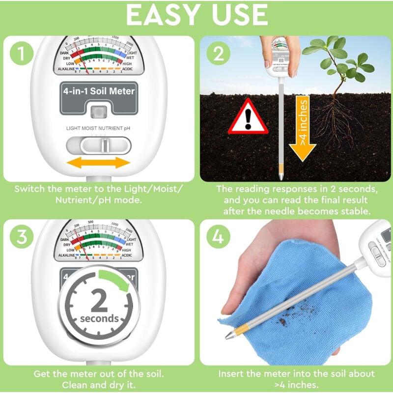 Csparkv - 26×6.3×6.3cm) Soil Moisture Meter, 4 in 1 pH Tester for Gardening, Lawn, Agriculture, Indoor and Outdoor Plants, No Batteries Required
