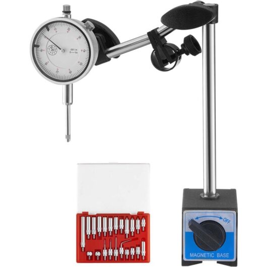 Mophorn Dial Test Indicator with Dual Rod Stand and Storage Case, 0.03 mm Precision, 0-25.4mm Measurement Range, Adjustable Long Arm, Non-Magnetic