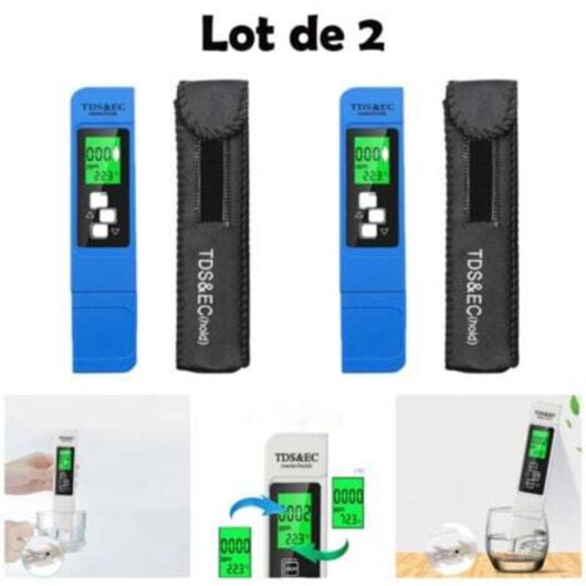 2-piece 3-in-1 multi-function digital TDS tester with TDS, EC, and temperature measurement, featuring a large backlit LCD screen for monitoring