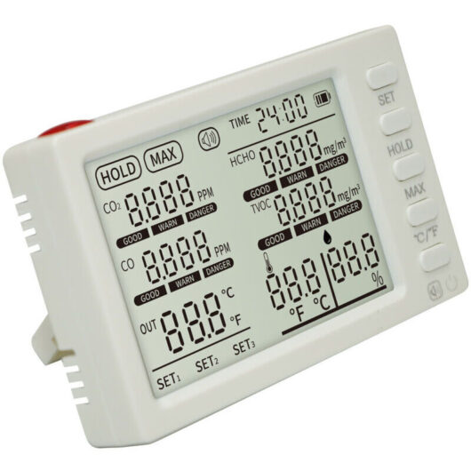 8-in-1 Indoor Air Quality Monitor, Portable Detector for CO2, HCHO, TVOC, CO, Temperature, Humidity, Outdoor Temperature Probe, Date, Time, Tester