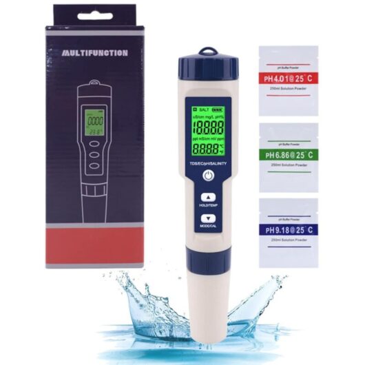 Coocheer - Pool pH Probe, Salinometer for Pool Water, 5 in 1 TDS/EC/Salt Meter/Thermometer/PH Water Quality Tester, Digital Water Quality Monitor,
