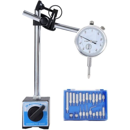 Dial Test Indicator Gauge with Magnetic Base, 0-10mm 0.01mm Accuracy Metric Adjustable Arm Tester Measuring Tool Set 22 Points Indicators Included