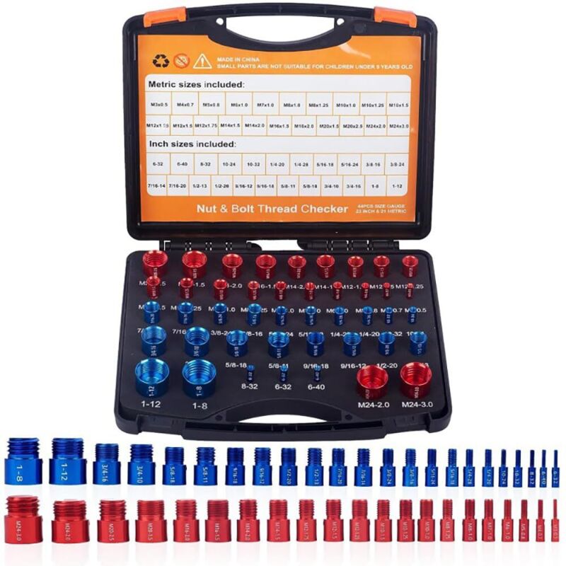 Thread tester, screw identification gauge, screw thread identifier, 44-piece screw measuring set (23 inch and 21 metric) for determining size in