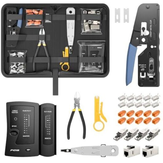 Network Tool Kit, RJ45 Crimper Pass-Through for Cat7, Cat6, Cat5 Cables with 4 Tool-Free Cat7 Network Connectors, 10 RJ45 Connectors, LSA Punch Down