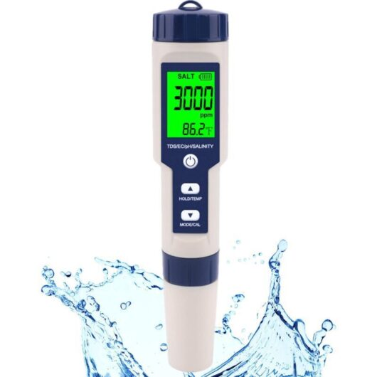 Swimming pool salt tester and ph meter, digital salinity meter and ph tester for swimming pool salt water and drinking water, 5-in-1 salinity ph temp