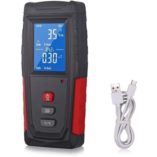 EMF Detector, Electromagnetic Wave Meter, EMF Tester, LCD Display, Built-in Lithium-ion Battery with USB Charging Cable, Sound, Light, Color, 3