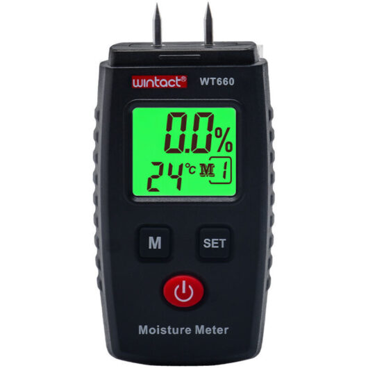 Moisture Tester, Pin Moisture Detector with 5 Modes, LCD Screen with Green Backlight, Mold Detector for Wood and Building Materials.