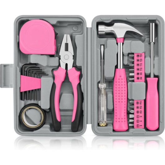 Multi-Tool Kit 24 Pieces - Hand Tools for DIY and Repair - Home, Office and Garage - With Convenient Storage Box, Pink